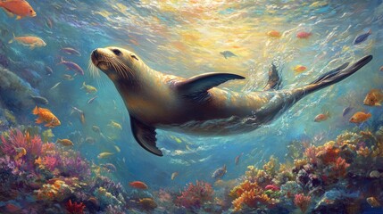 Obraz premium Majestic Sea Lion Underwater Paradise: A Vibrant Ocean Scene
