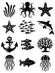 Fototapeta premium Black and White Marine Life Silhouettes