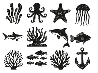 Naklejka premium Black and White Marine Life Silhouettes