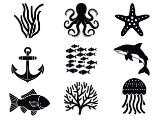 Fototapeta premium Black and White Marine Life Silhouettes
