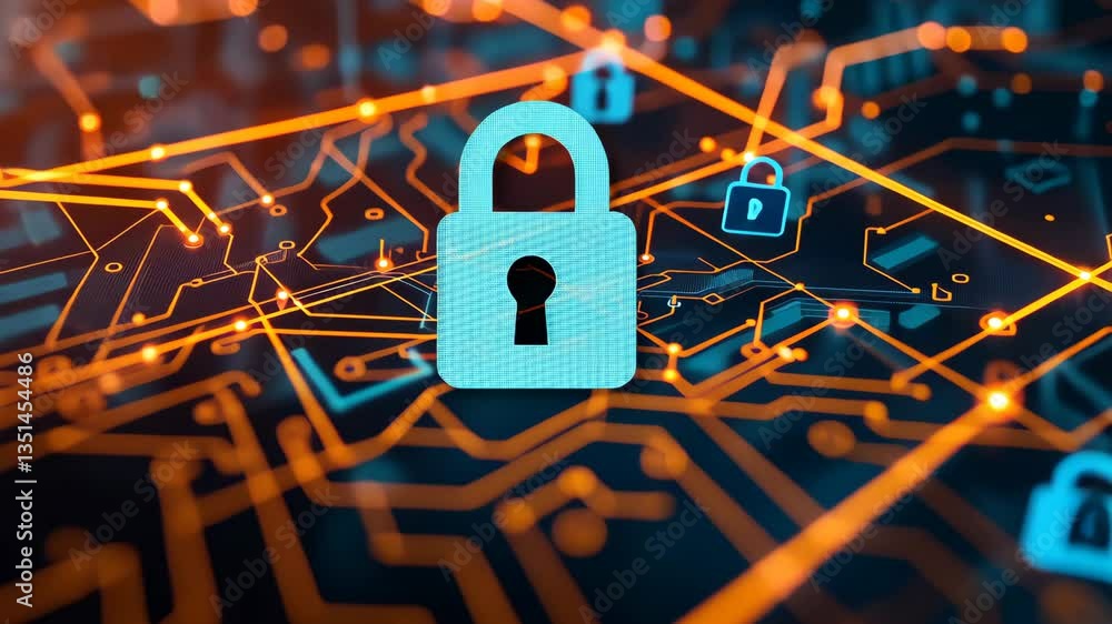 Poster A digital lock icon symbolizes cybersecurity on a colorful circuit board, emphasizing the vital connection between internet security and business operations in todays digital age