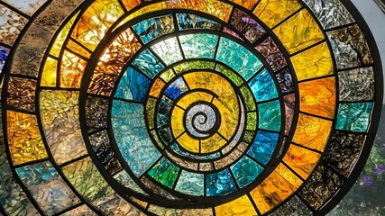 Colorful stained glass spiral design reflecting sunlight in a vibrant display of colors - Powered by Adobe