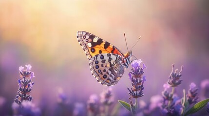 Colorful Butterfly Perched on Lavender Flower in a Sunlit Garden During Springtime
