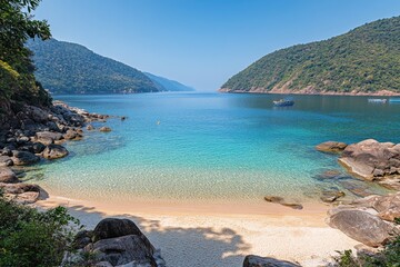 Serene Tropical Paradise A Tranquil Coastal Scene with Azure Waters and Lush Hills