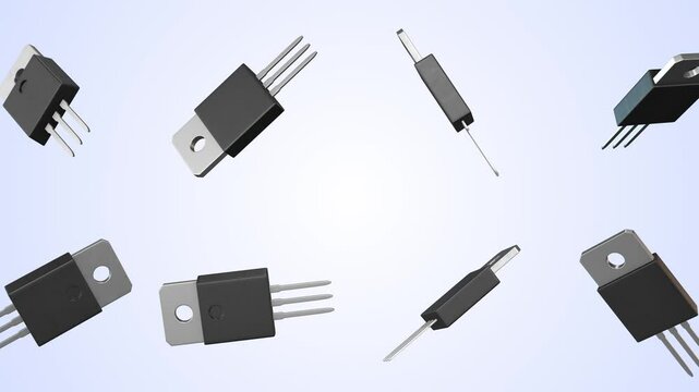 Silicon Controlled Rectifiers Falling on a Light Blue Background. SCR 3D. 4K