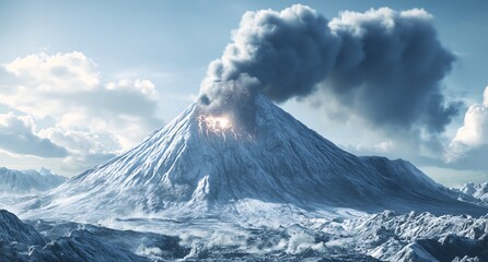 Erupting Snowy Volcano Landscape with Plume of Smoke Against Cloudy Sky