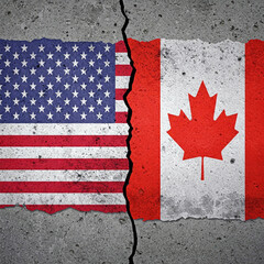 Concept of breakup between the USA and Canada, represented by their respective flags on a concrete wall