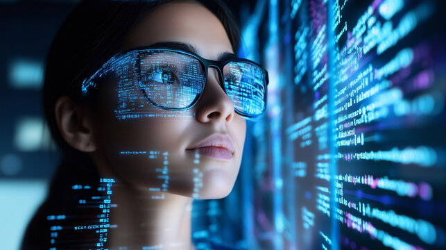 Female IT specialist learns to analyze code and data technology, cyber security, impact of artificial intelligence augmented reality, side profile, copy space. AI generation	