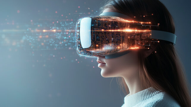 Female IT specialist learns to analyze code and data technology, cyber security, impact of artificial intelligence augmented reality, side profile, copy space. AI generation	