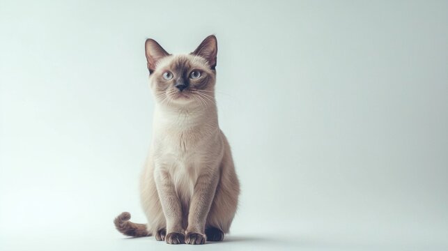 Beautiful Burmese cat is sitting on a white background. Looking forward. The cat's eyes are wide open, giving it a curious and alert appearance . Copy space .