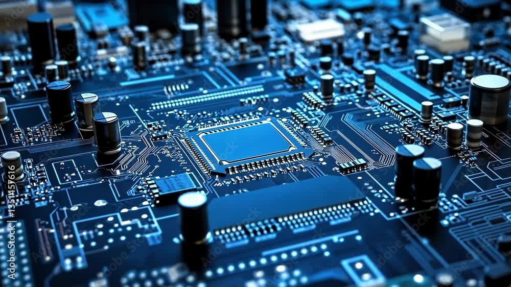 Poster close-up view of an intricate printed circuit board with various electronic components and connectio