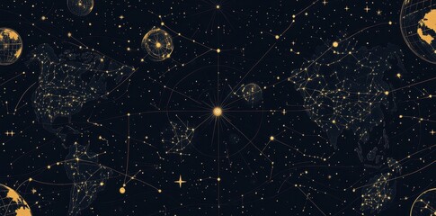 Celestial World Map Showing Constellations And Globes Against Dark Background