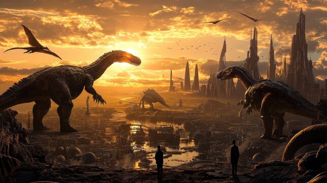 Dinosaurs and futuristic city at sunset: A breathtaking digital art depicting colossal dinosaurs overlooking a sprawling futuristic metropolis bathed in the golden light of a setting sun.