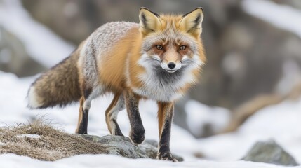 Obraz premium Curious Red Fox Walking Through Snowy Landscape in Forest During Winter Season