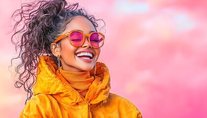 Happy Woman for Pink Background, Outdoor Portrait.