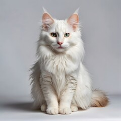Obraz premium A regal Turkish Angora with pure white fur standing on a pristine white background. A minimalist white cat sitting in the center of an all-white background.