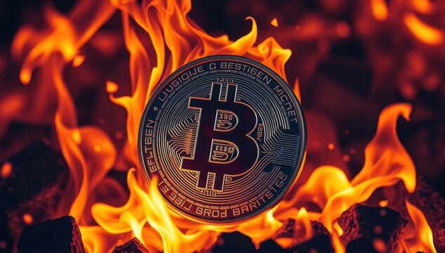 a Bitcoin coin engulfed in flames
