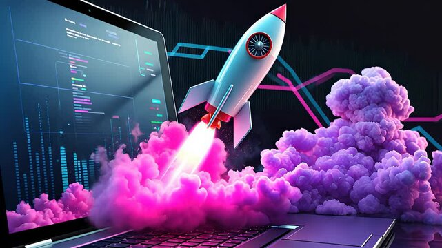 Rocket launching from laptop keyboard with glowing code and pink smoke in futuristic technology development concept

