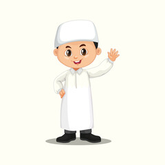 Muslim Boy Waving Cartoon Character, Cute Islamic Boy in Traditional Dress, Arab Child Illustration for Kids Design, Muslim Boy Vector with Thobe and Cap, Smiling Muslim Kid Cartoon Clipart