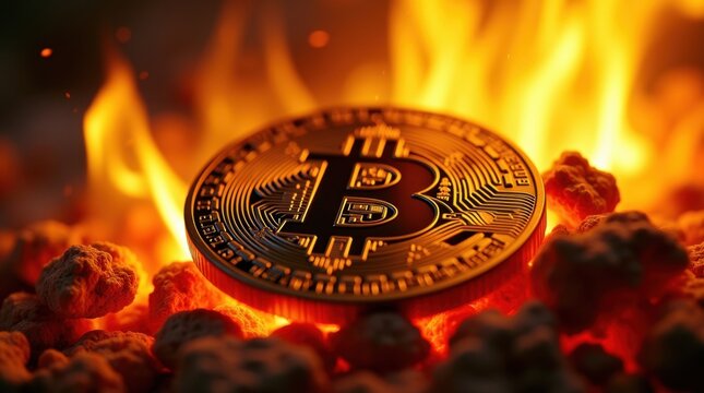 a Bitcoin coin engulfed in flames - Powered by Adobe
