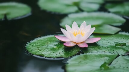 White Water Lily on Dark Green Lily Pads in Calm Water