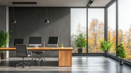 Minimalist office interior, wooden desk, modern computers, nature view, grey wall