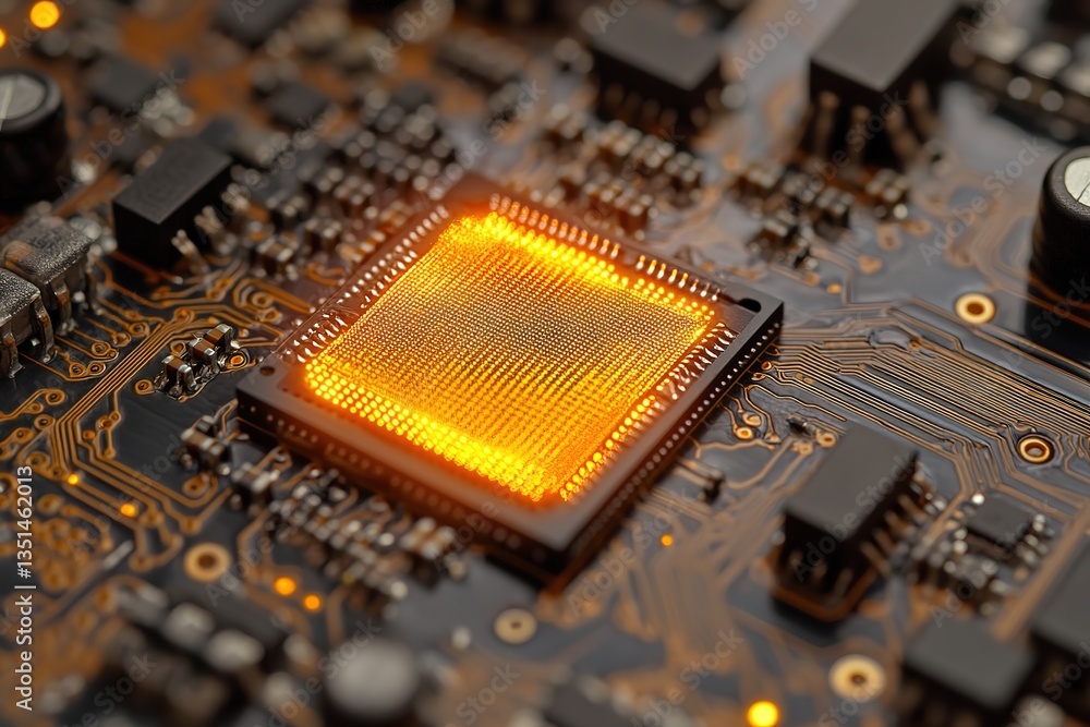 Aufkleber illuminated cpu on motherboard close-up of computer chip technology