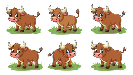 Fototapeta premium A set of hand-drawn cute cartoon adorable little bulls in different poses on a green land, illustration