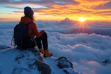 Fototapeta premium Woman hiker atop mountain peak at sunrise, panoramic view of clouds and peaks