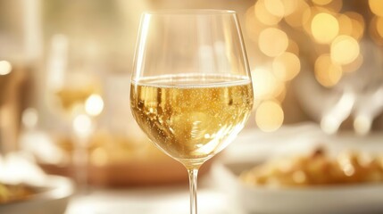 Elegant Glass Of Sparkling Chardonnay With Bubbles On Table In Bright Dining Setting