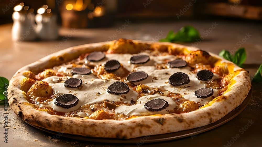 Aufkleber a pizza topped with mozzarella cheese and oreo cookies, served in a rustic setting with green leaves