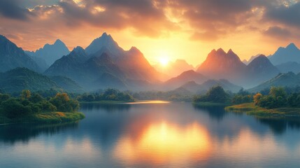 Majestic sunset over serene mountain lake
