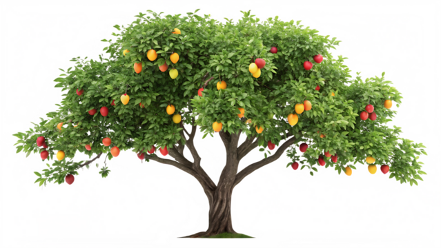 Realistic Fruit Tree with Lush Green Leaves and Ripe Fruits – Isolated on White Background