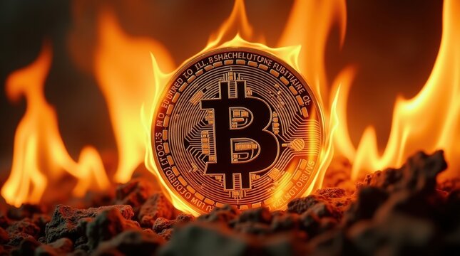 a Bitcoin coin engulfed in flames