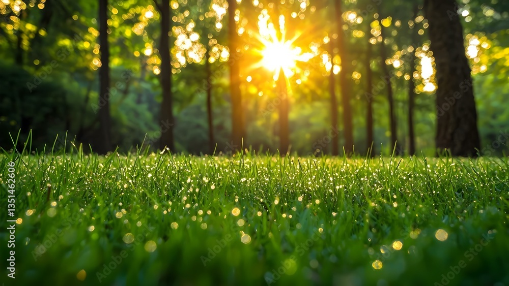 Poster a sunlit forest scene with dewy grass in the foreground, creating a serene and refreshing atmosphere