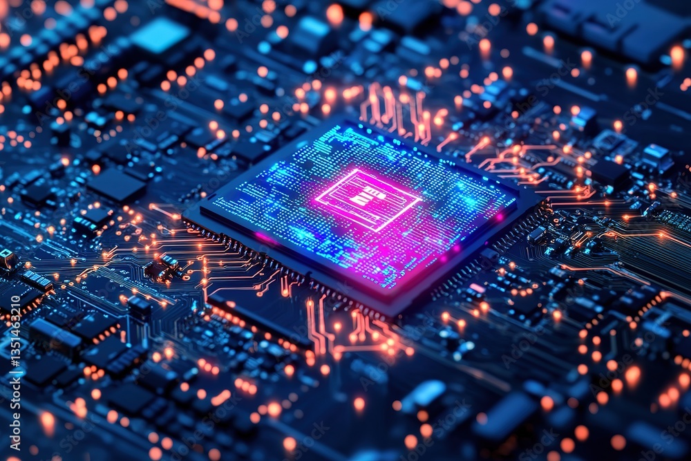 Poster futuristic cpu microchip on motherboard high-tech digital technology render