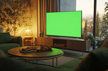 Cozy Living Room Interior, Green Screen TV, Modern D&Atilde;&copy;cor, Evening Light, Indoor Plants