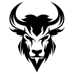 Fototapeta premium A bold and powerful silhouette of a Minotaur's head, featuring its iconic horns and strong facial structure. Perfect for mythology-themed designs, fantasy artwork, logos, and tattoo-style illustration
