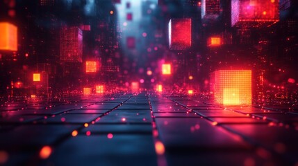 Glowing cubes float above dark tiled floor in abstract digital city