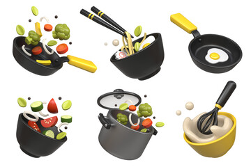 A set of 3d icons. Salad, scrambled eggs, ramen, cream sauce, boiled and fried vegetables. The concept of cooking. Cartoon-style illustrations for a recipe book