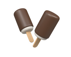 3d popsicle icon. Creamy ice cream on a stick in chocolate glaze. An illustration for a recipe book. 3D rendering. Cartoon minimalistic style