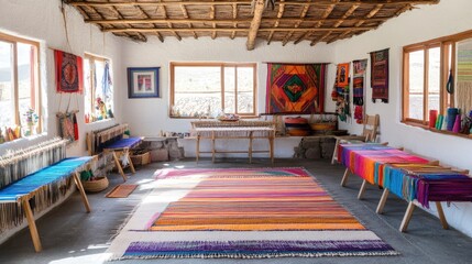 A rustic textile workshop with looms set up for weaving.