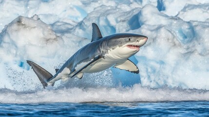 Great White Shark Jumping Above Water Near Icebergs in a Marine Ecosystem