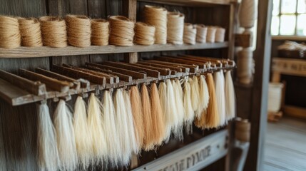 A rustic wooden drying rack filled with delicate silk strands.