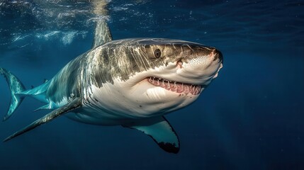 Great White Shark Swimming Gracefully Underwater in Blue Ocean Waters
