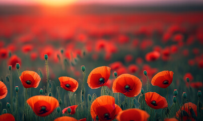 Golden Sunset Over Red Poppy Field. Stunning Landscape Photography. Anzac Day Background
