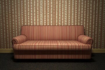 Fototapeta premium Red striped couch against patterned wallpaper. For interior design or home decor