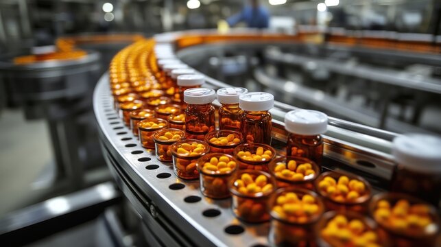 Pharmaceutical production line, amber bottles filled with orange pills, automated conveyor belt, factory background. Possible use Stock photo for pharmaceutical industry