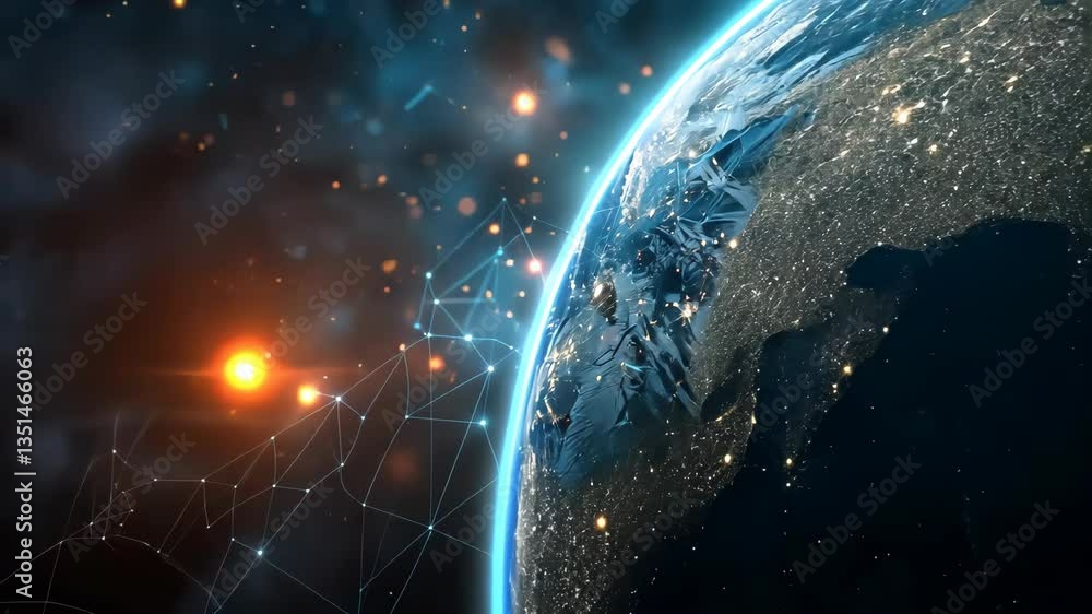 Poster a mesmerizing view of earth, surrounded by a vibrant digital network that highlights the connections