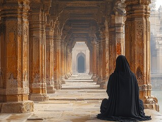 Serene figure in black attire meditating in ancient temple corridor, India
